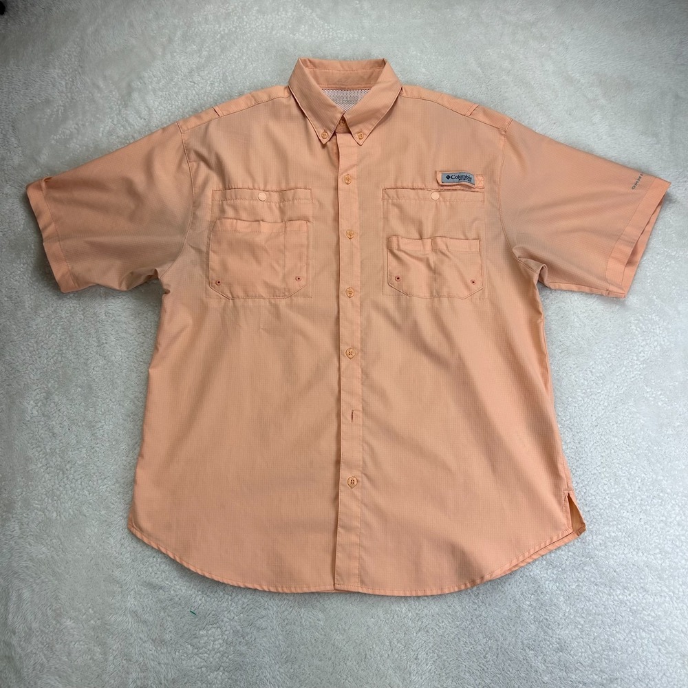 Columbia PFG Button Down Shirt Mens Peach Short Sleeve Omni Shade Fish Outdoor